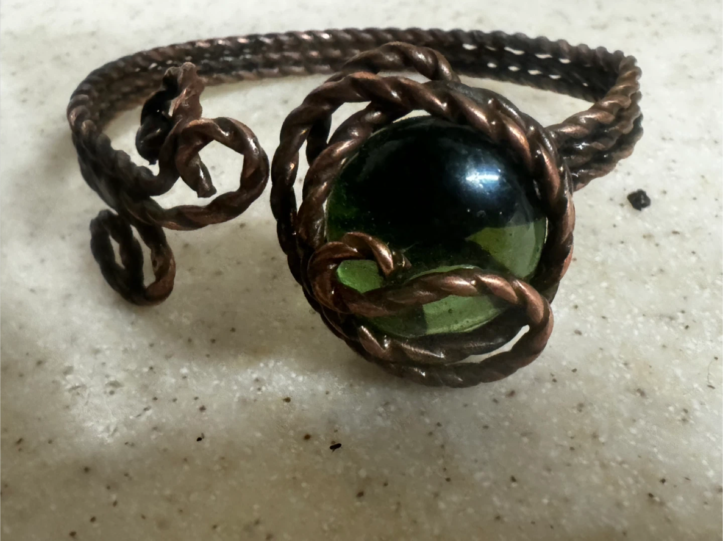 Handmade Copper Bracelet with Green Glass Bead