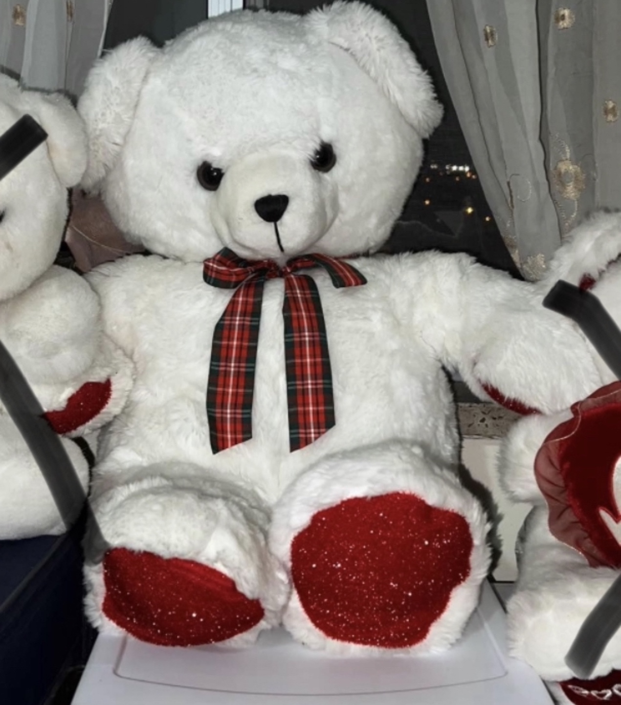 White Teddy Bear with Plaid Bow