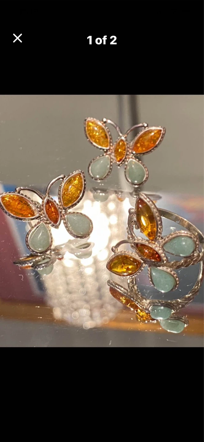 💎Aquamarine & Amber Butterfly Ring & Earring Set