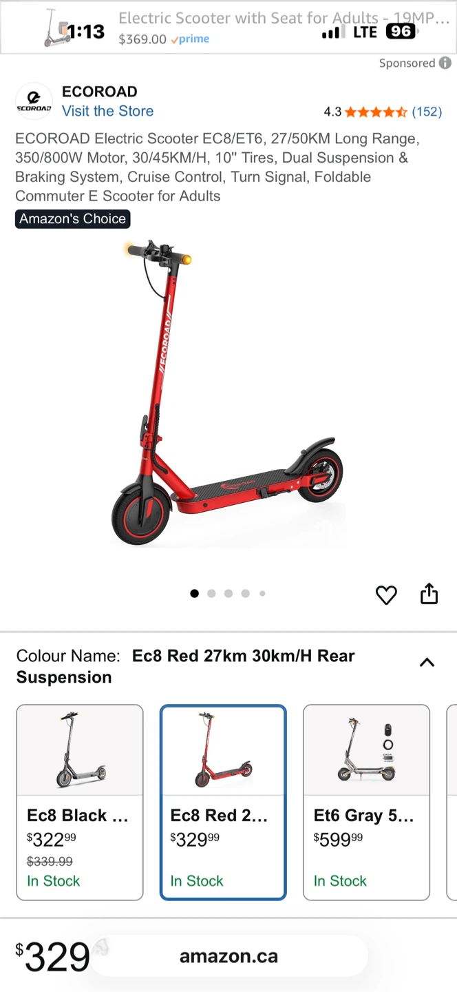 ECOROAD EC8 Red Electric Scooter - Like New!