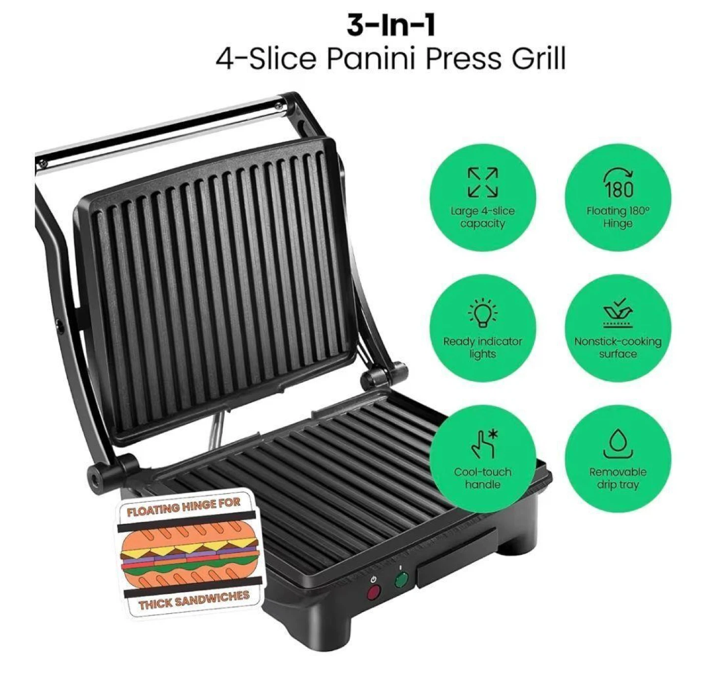 Chefman 3-in-1 4-Slice Panini Press Grill - photo 2