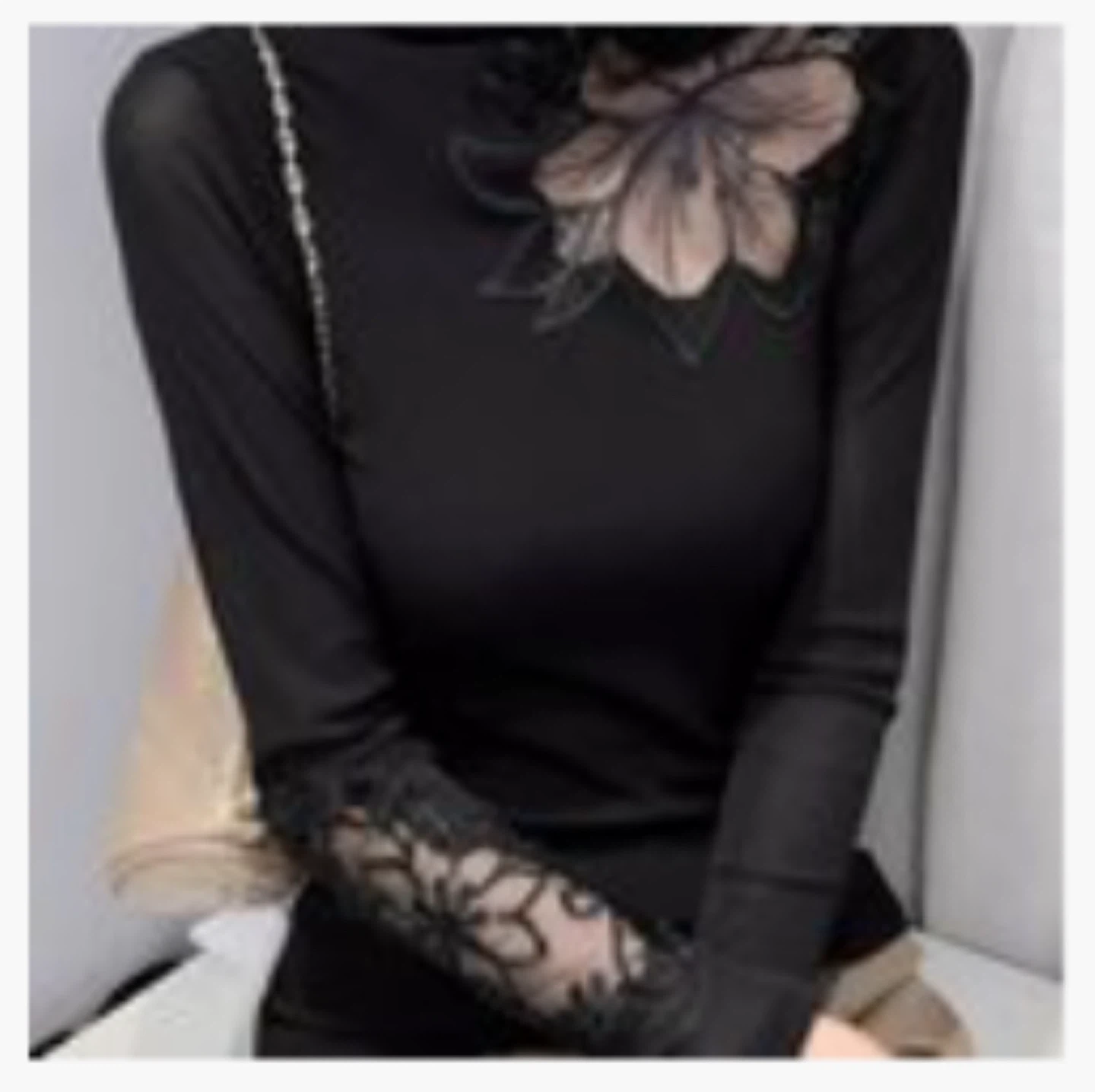 Black Long Sleeve Top with Floral Detail