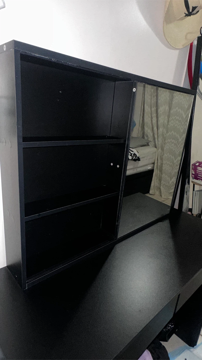Black Vanity Table with Mirror & Shelves