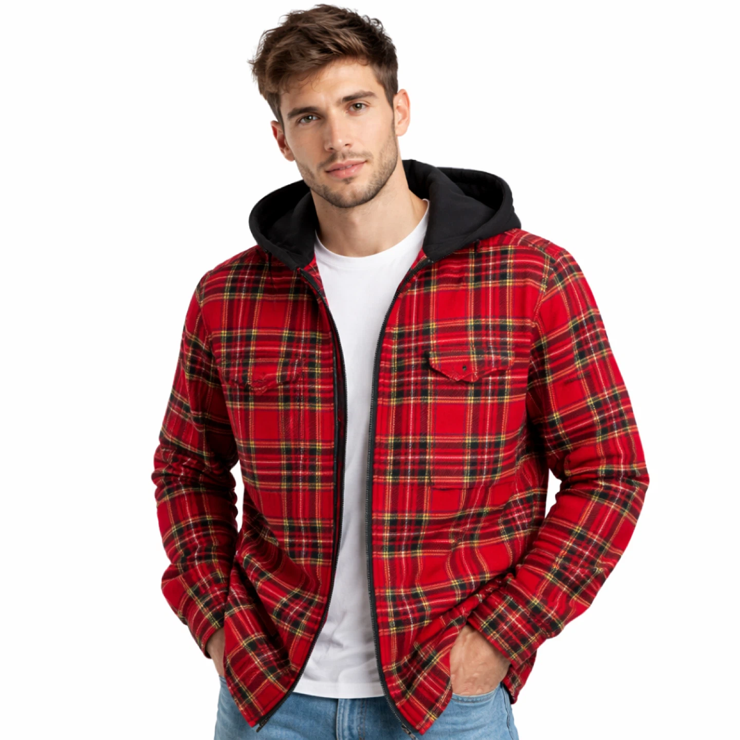 Levi’s Red Plaid Zip Up Hooded Shirt Jacket Men’s L Like New