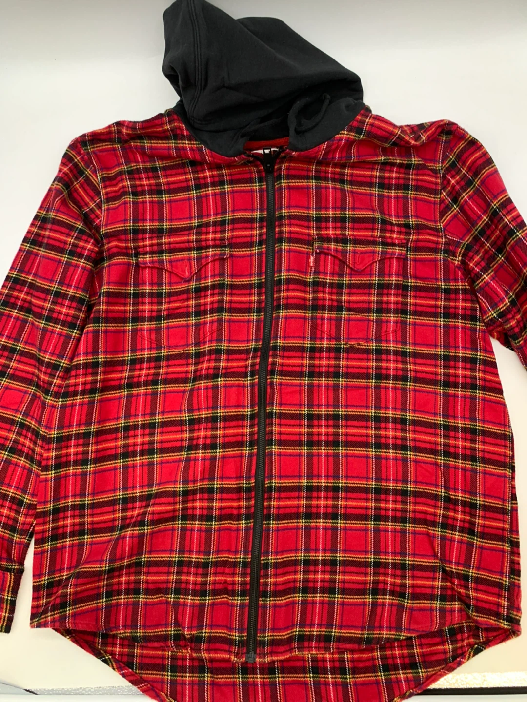 Levi’s Red Plaid Zip Up Hooded Shirt Jacket Men’s L Like New - photo 3