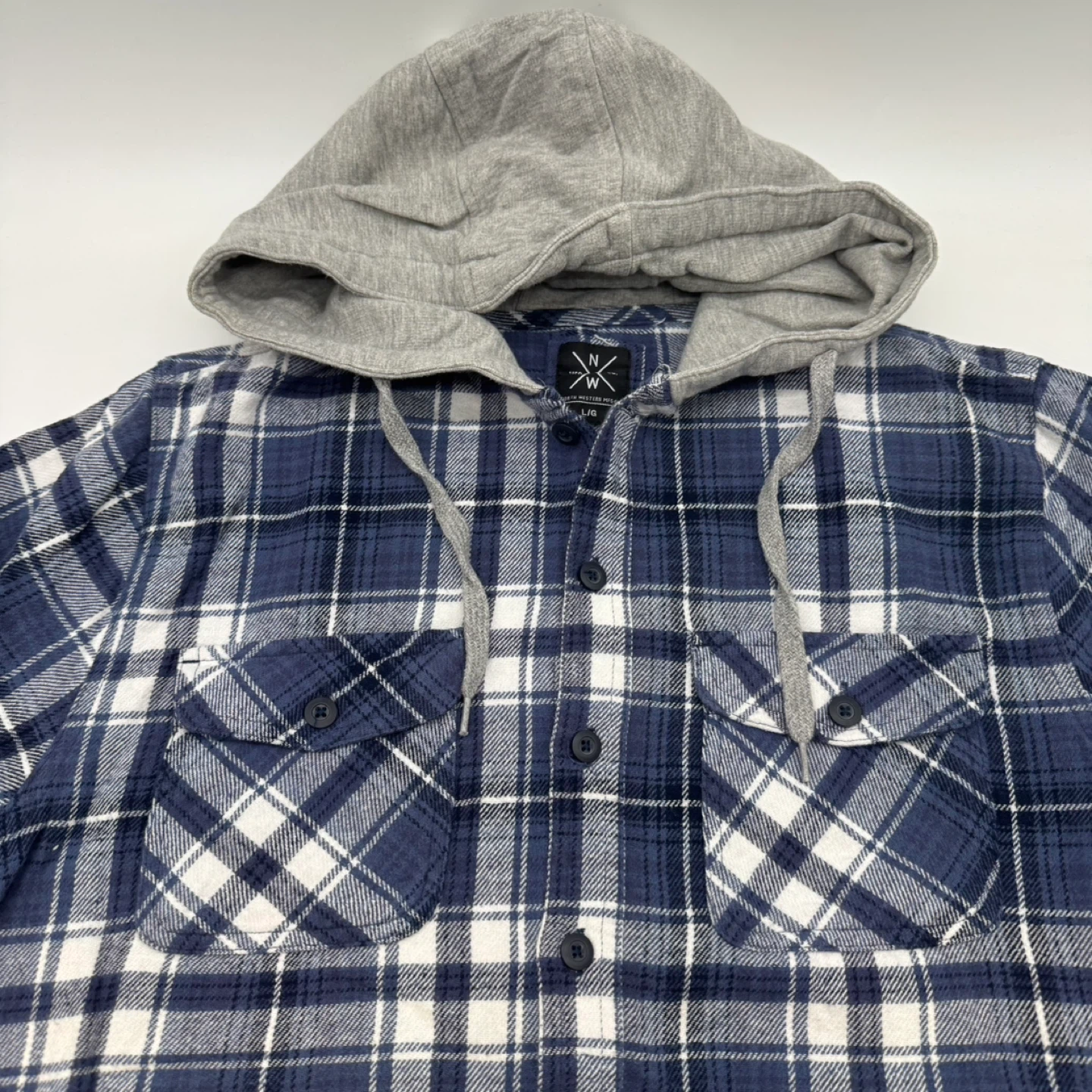 NW North Western Plaid Hooded Flannel Shirt Men’s Large Like new - photo 4