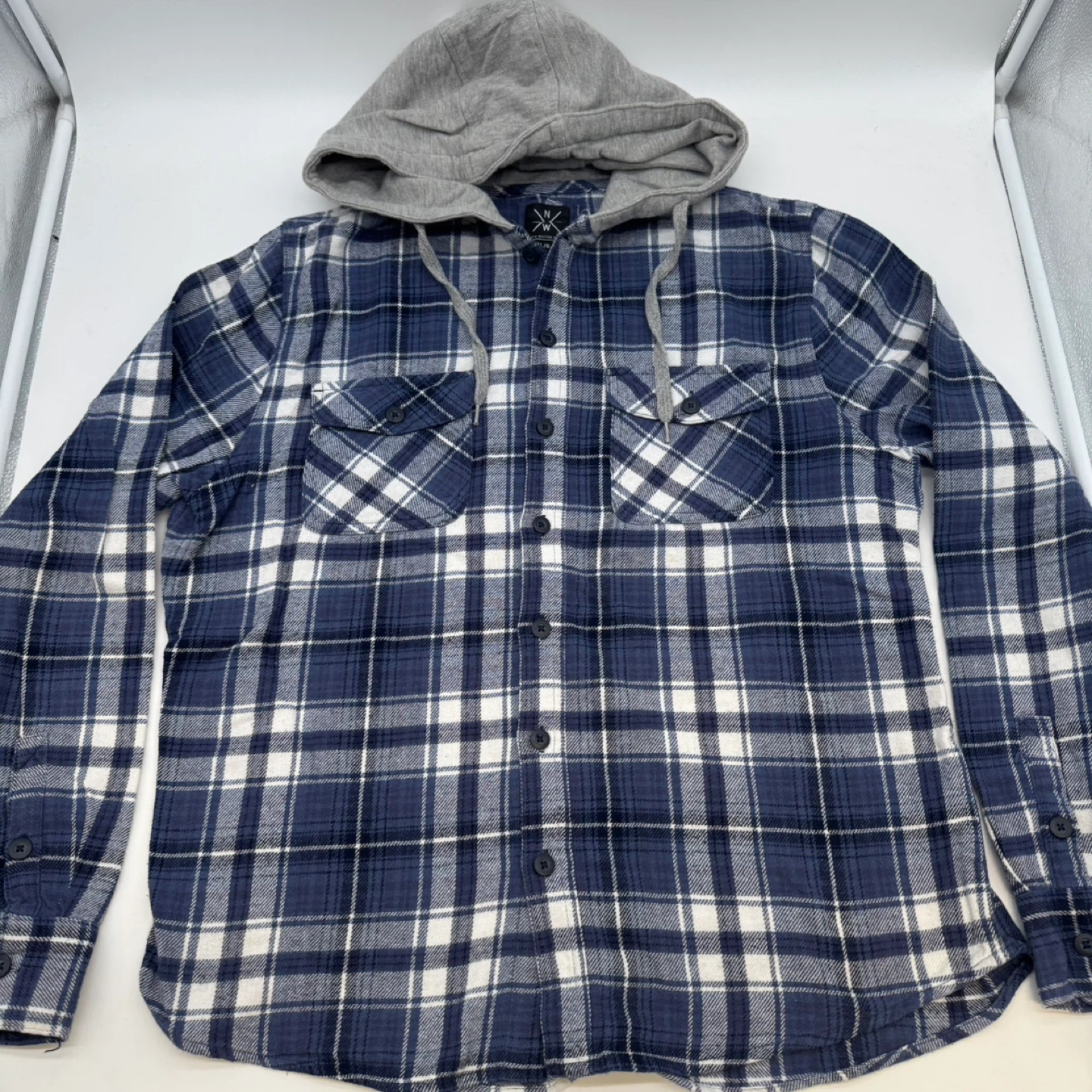 NW North Western Plaid Hooded Flannel Shirt Men’s Large Like new - photo 3