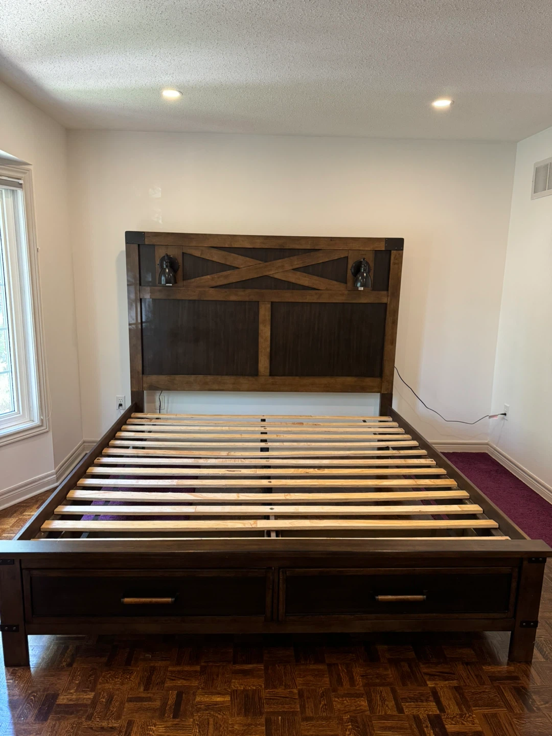 Rustic Dark Brown Wood, King Bed Frame with Storage and Lights