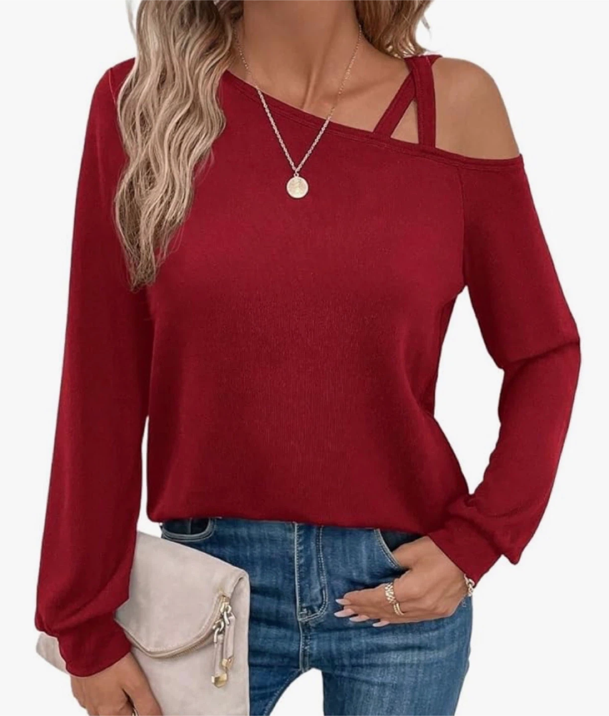 Red One Shoulder Long Sleeve Top