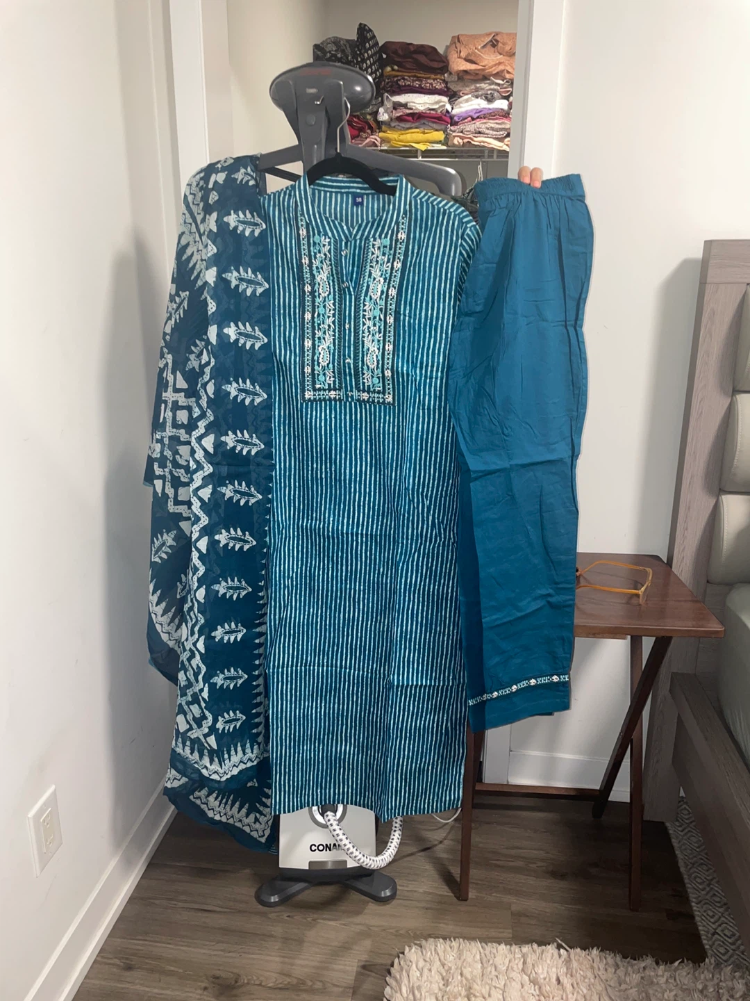 Women's Teal Striped Kurta Set - Size 38