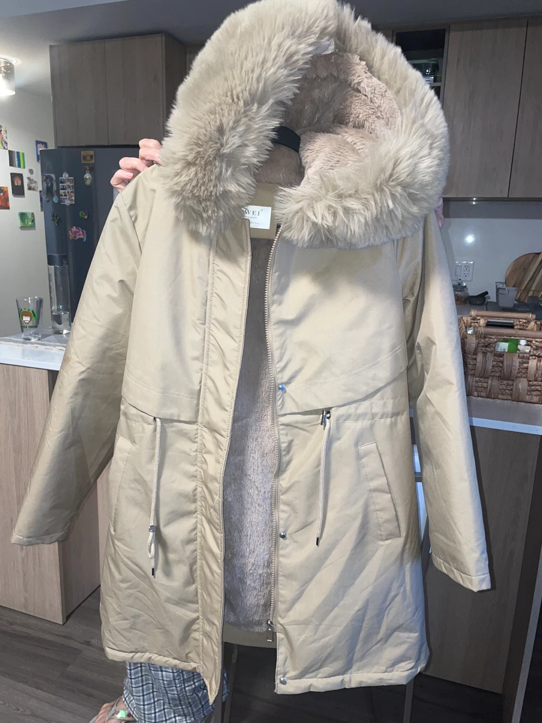 Wei Beige Winter Coat w/ Faux Fur Hood