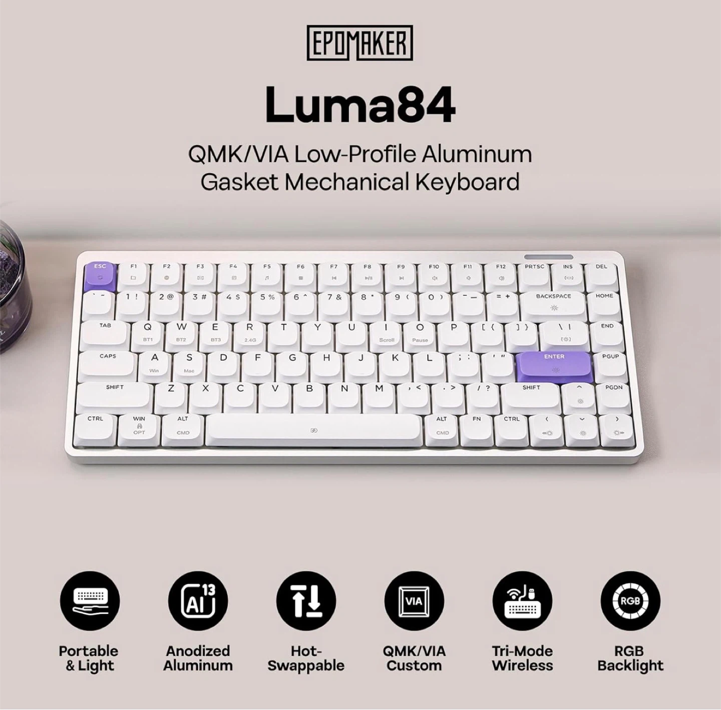 EPOMAKER Luma84 QMK/VIA Mechanical Keyboard - White & Purple - photo 4