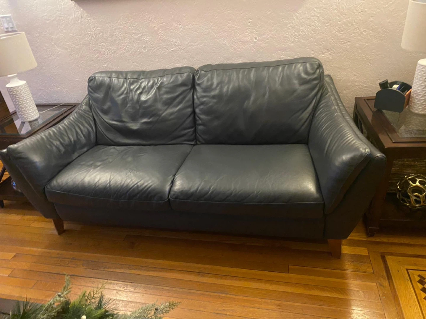Black Leather 2-Seat Sofa with table - photo 3
