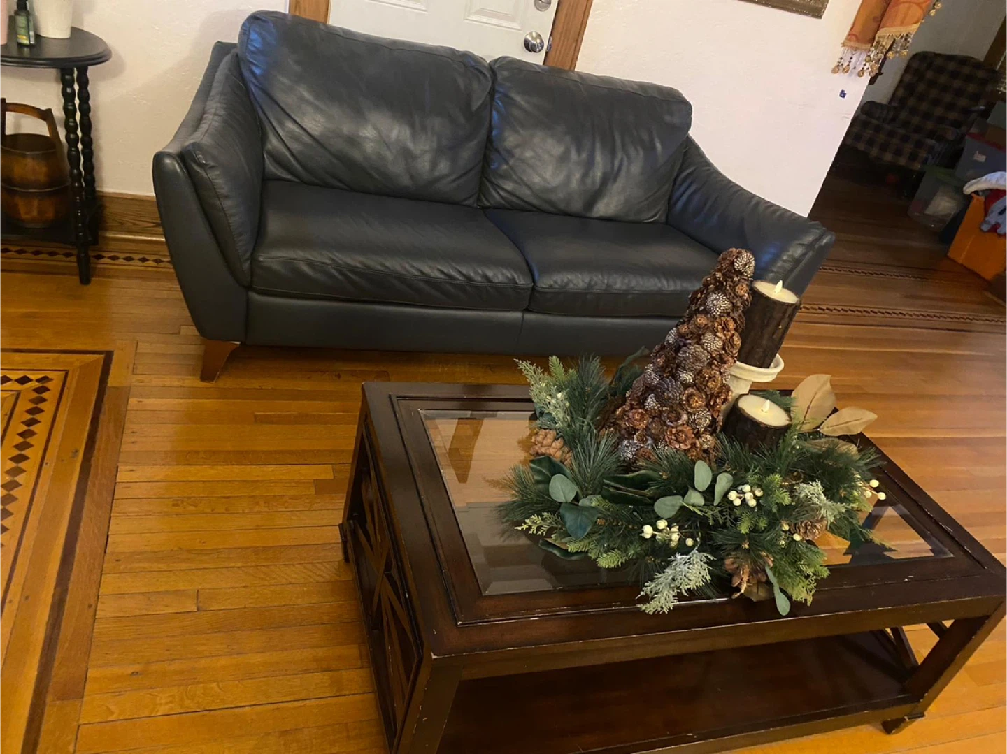 Black Leather 2-Seat Sofa with table - photo 2