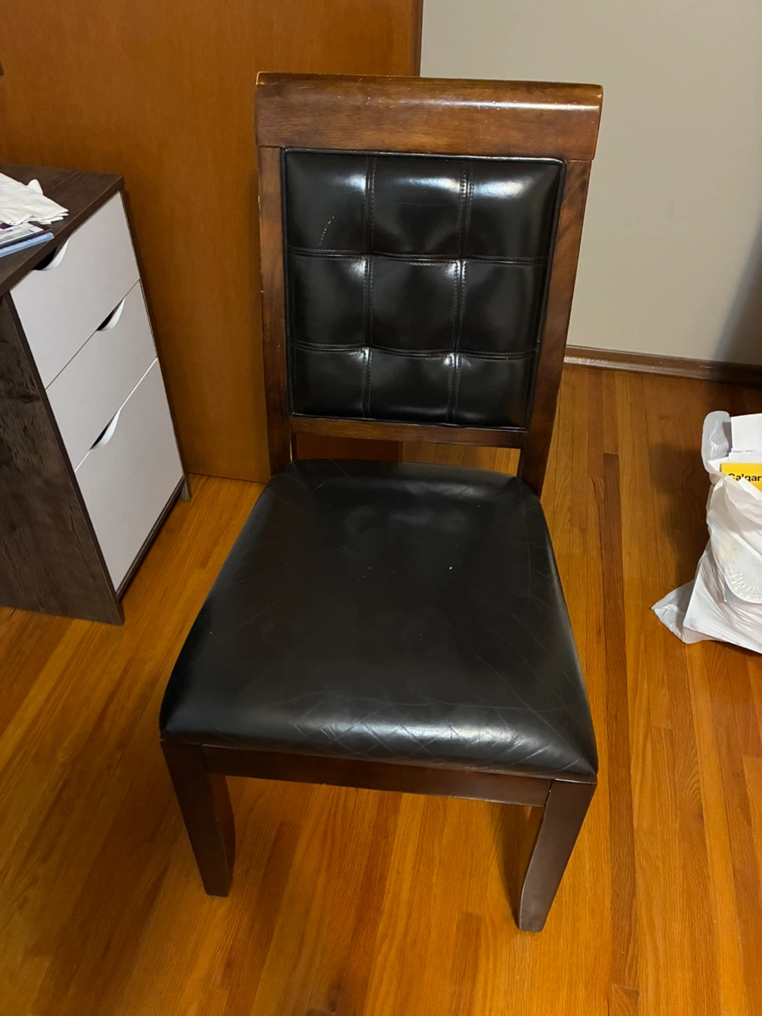 Wooden Dining Chair with Black Leather Seat