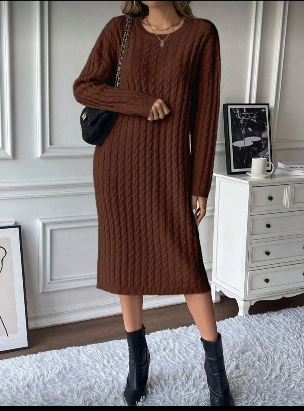 Brown Cable Knit Sweater Dress