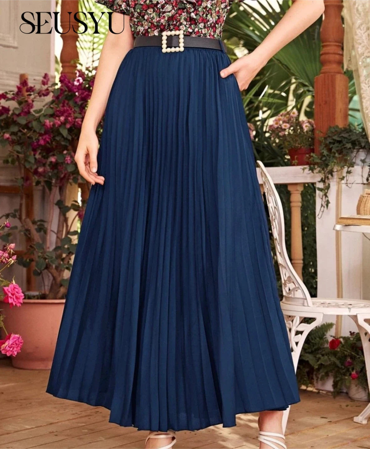 SEUSYU Pleated Maxi Skirt - Navy Blue - photo 2