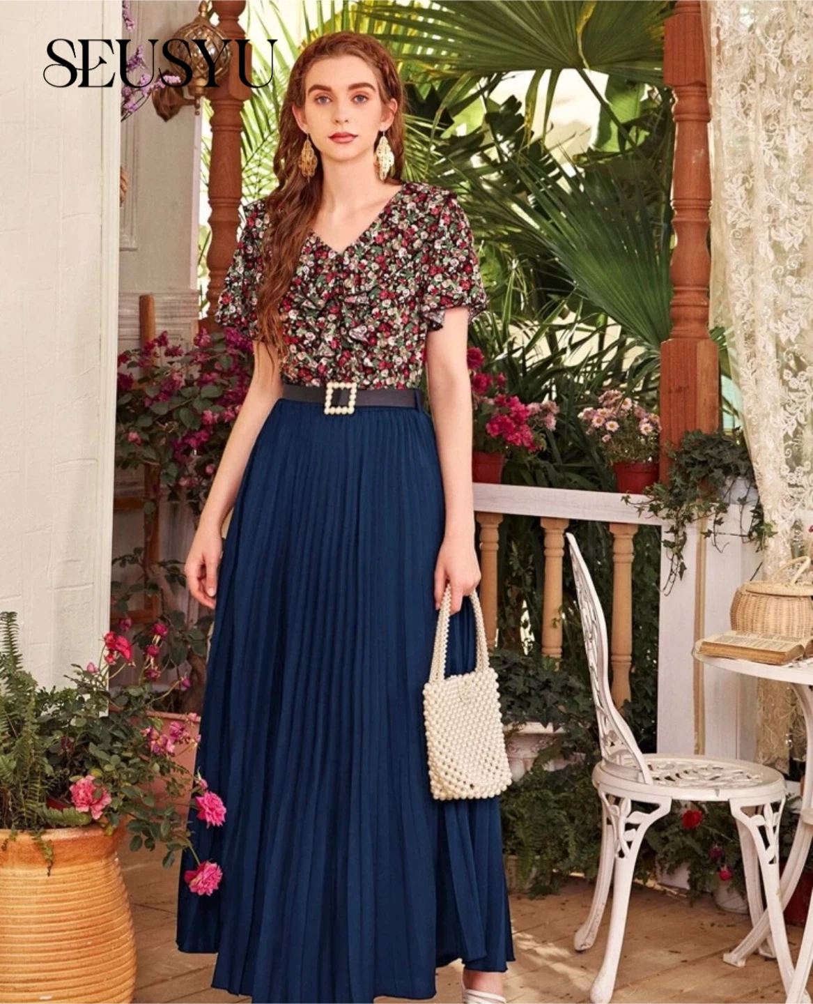 SEUSYU Pleated Maxi Skirt - Navy Blue