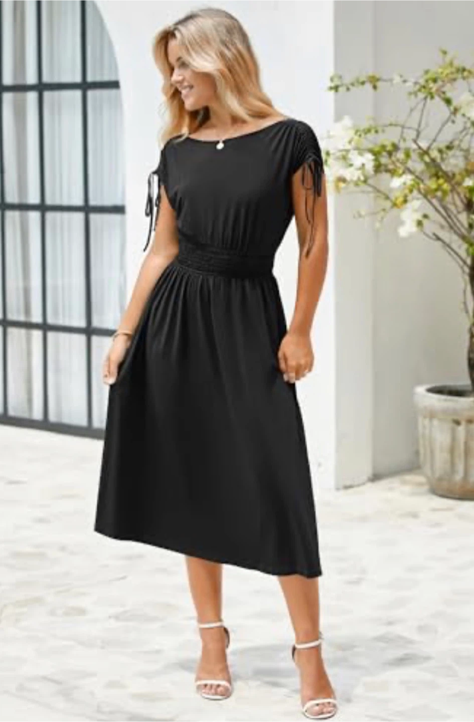 NEW! Newshows Short Sleeve Midi Smocked Drawstring Dress - photo 5