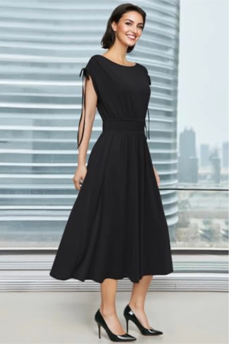 NEW! Newshows Short Sleeve Midi Smocked Drawstring Dress - photo 3