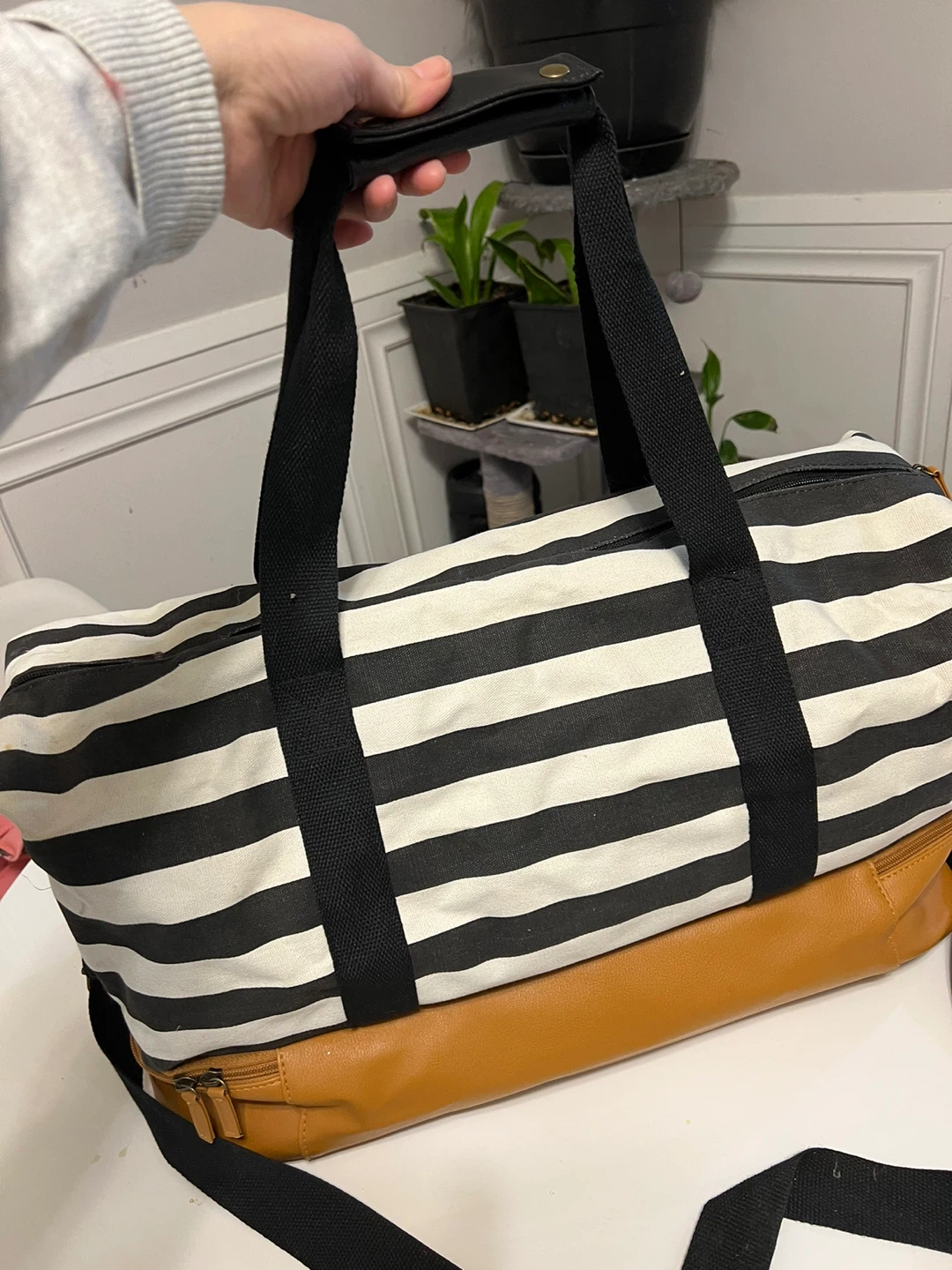 Striped Duffle Bag - Black and White