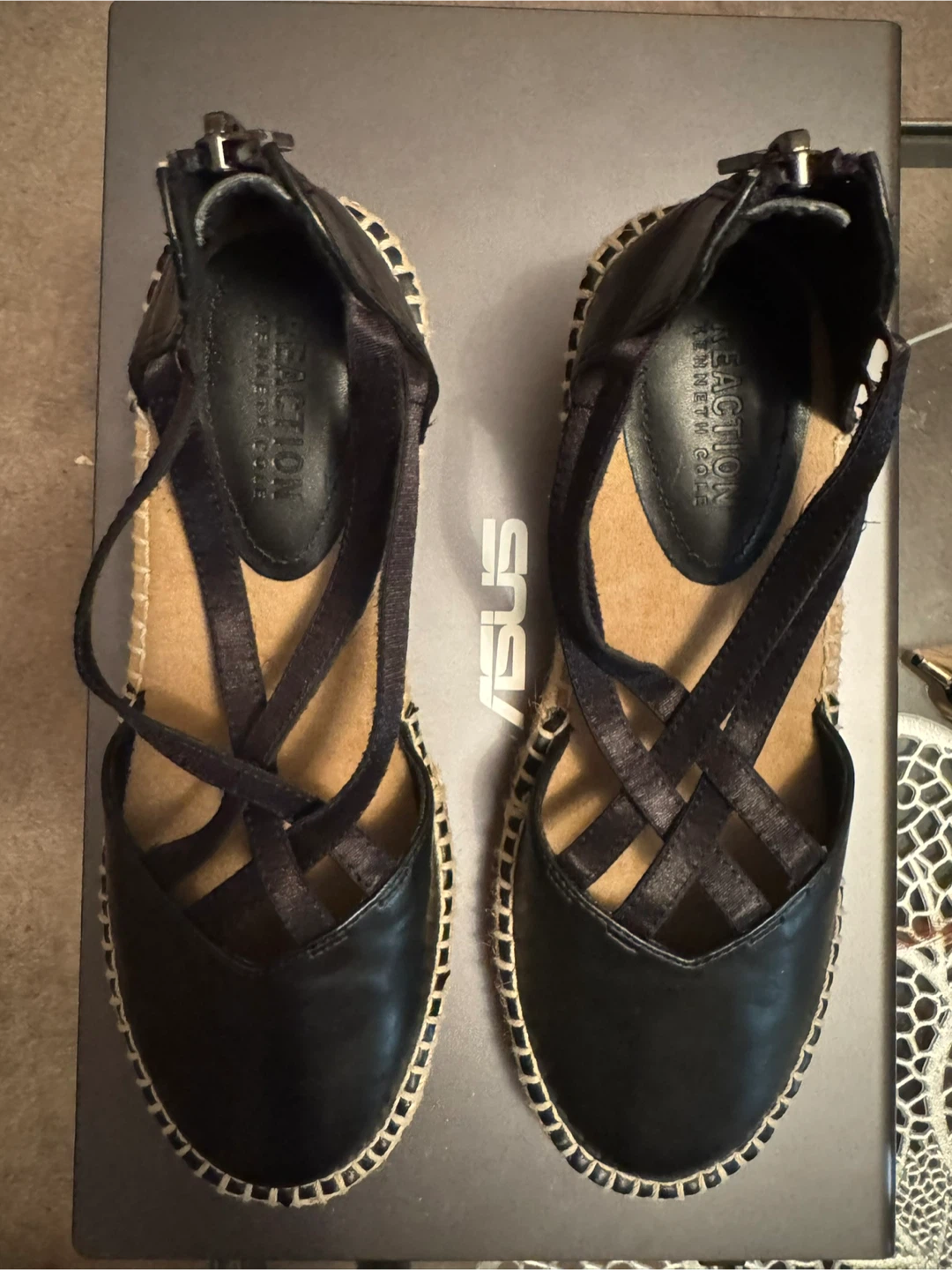 Reaction Kenneth Cole Black Espadrille Wedge Sandals, Size 6.5