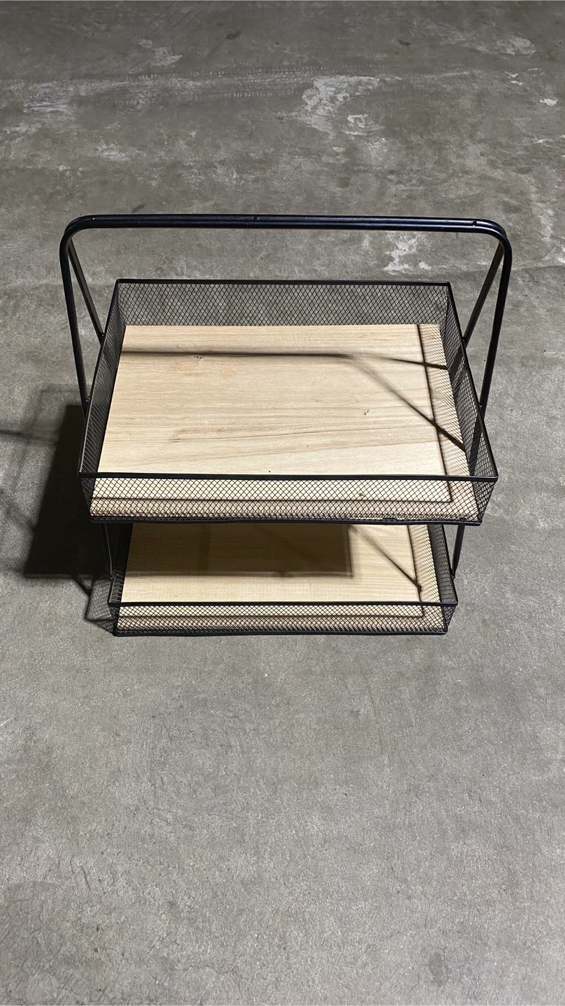Black Metal & Wood 2-Tier Tray Organizer