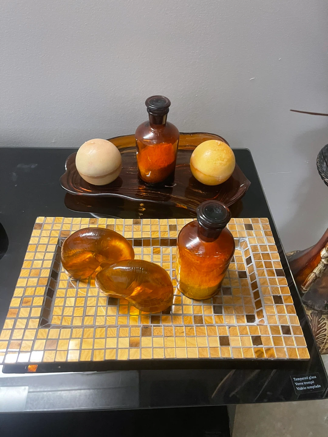 Decorative Mosaic Tray with Amber Glass Accents