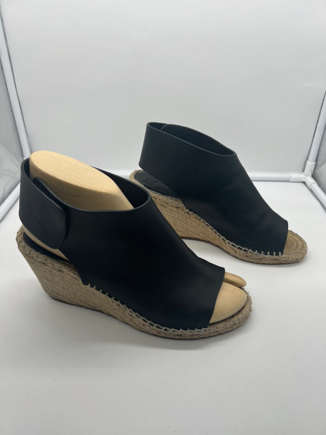 CÉLINE PARIS Black Leather Jute Espadrille Heel Wedges sz 38