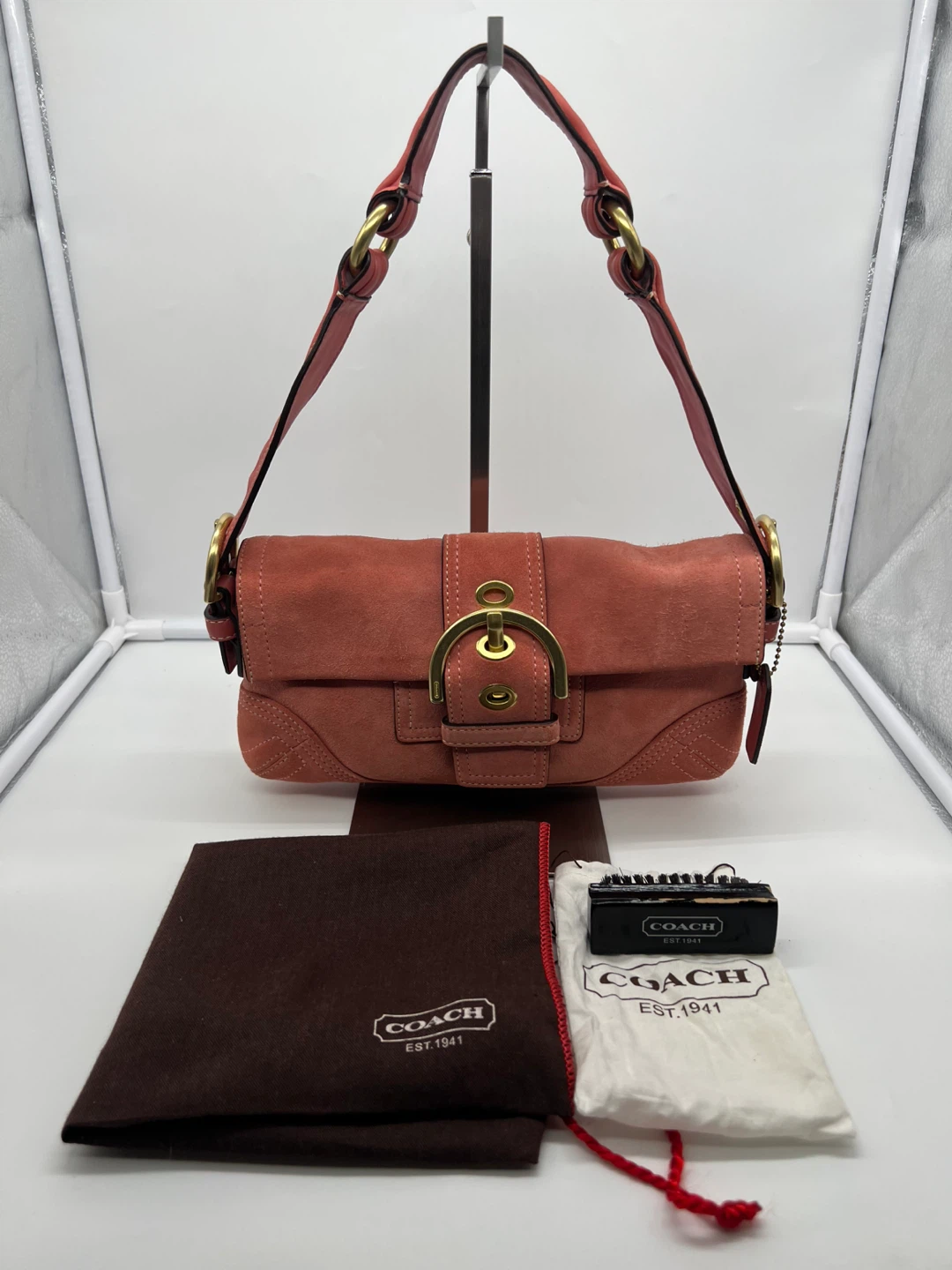 COACH VINTAGE Y2K Soho Demi Flap Salmon Suede Baguette
