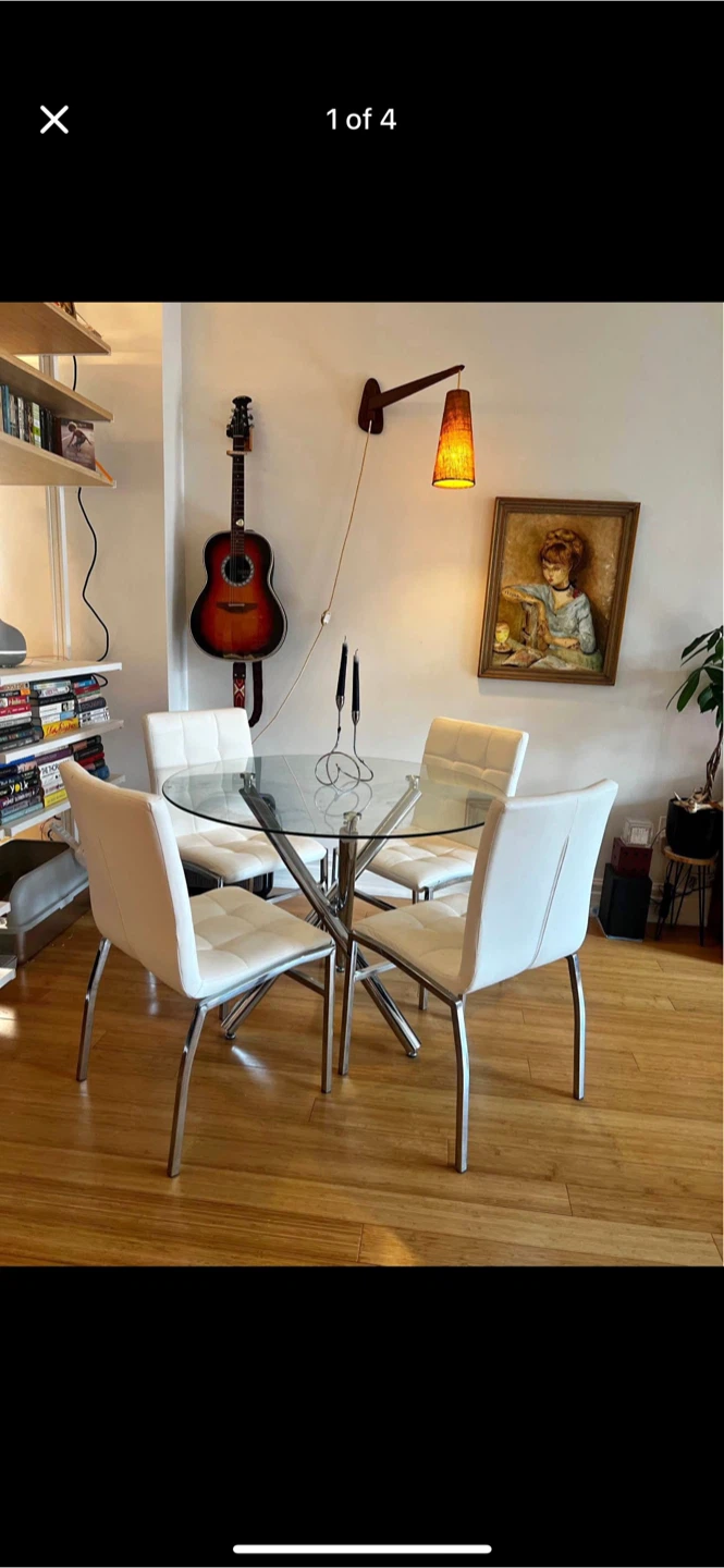 Glass Top Dining Table with 4 White leather Chairs