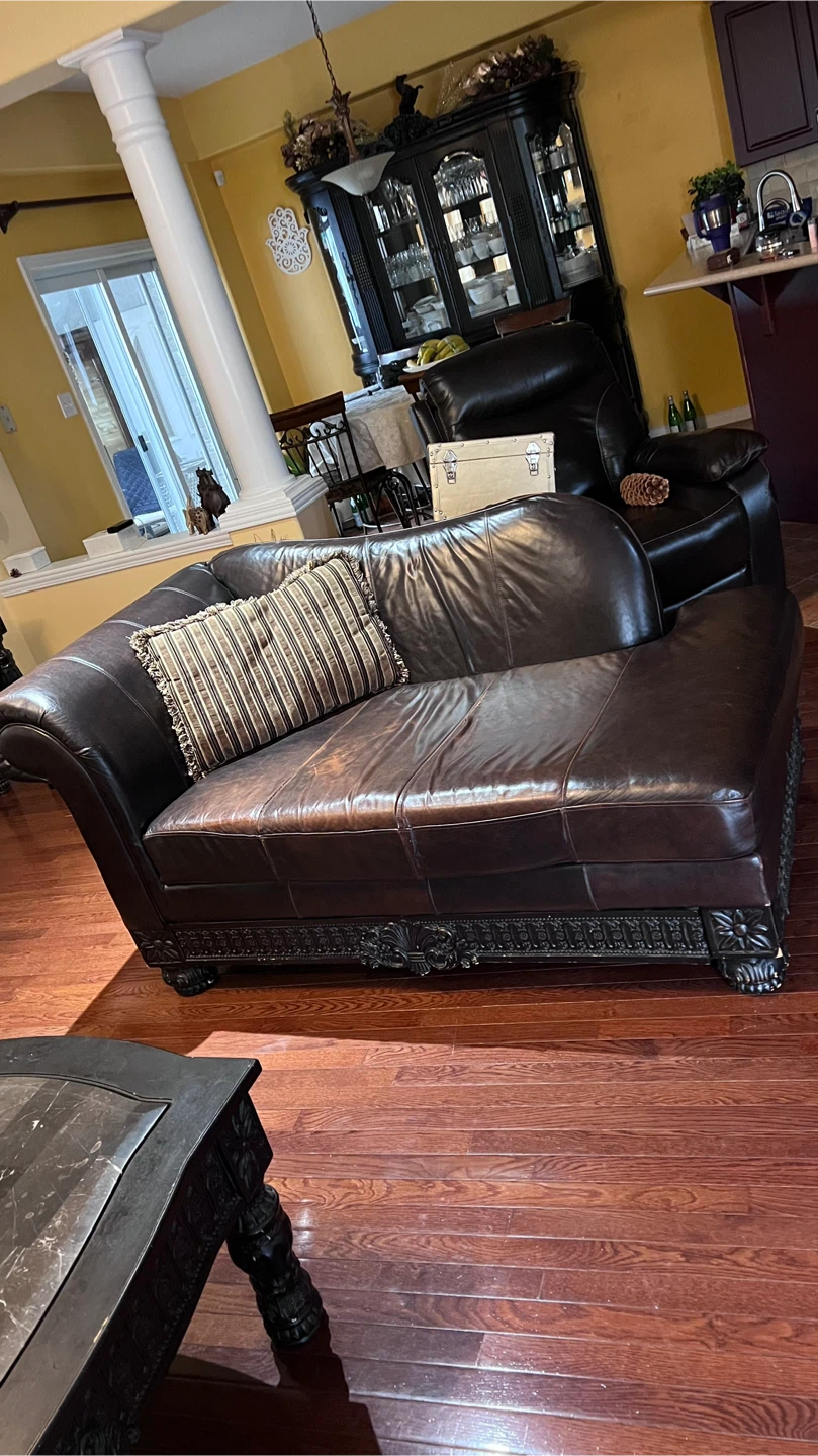 Brown Leather Sofa and Black Marble Coffee Table - photo 5