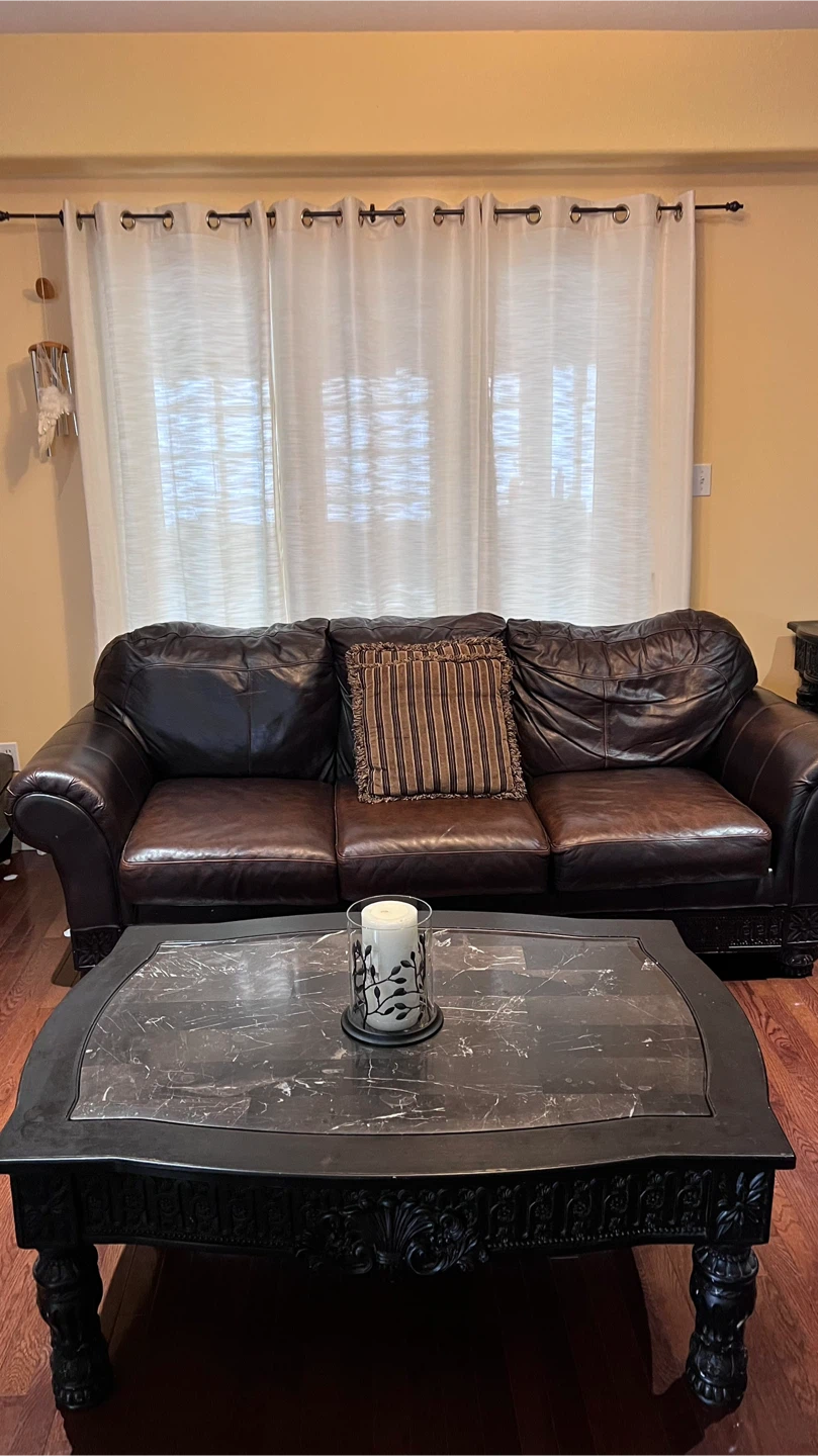 Brown Leather Sofa and Black Marble Coffee Table - photo 2