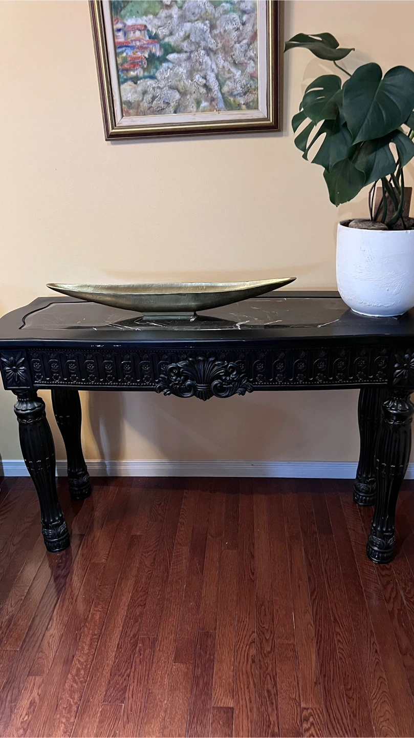 Brown Leather Sofa and Black Marble Coffee Table