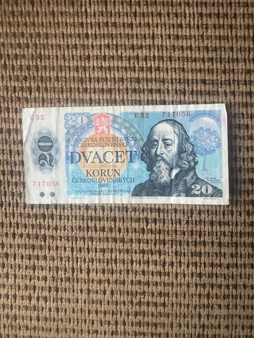 Vintage Czechoslovakian 20 Korun Banknote