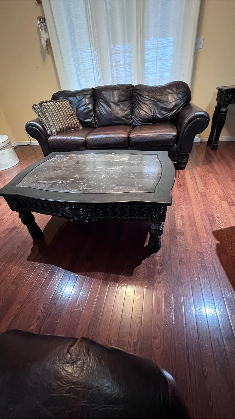 Dark Brown Leather Sofa & Coffee Table Set