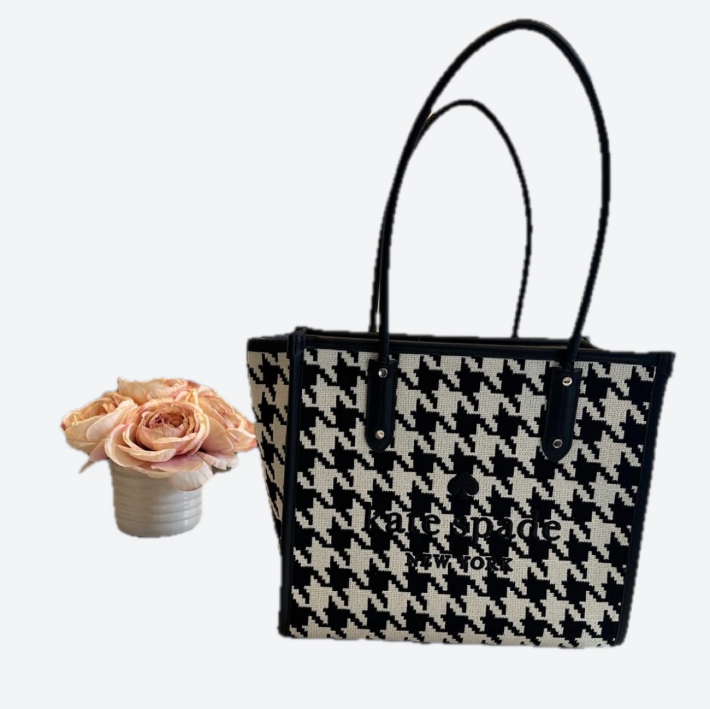 RARE Kate Spade Large Ella Houndstooth Jacquard Tweed Tote Bag - photo 3
