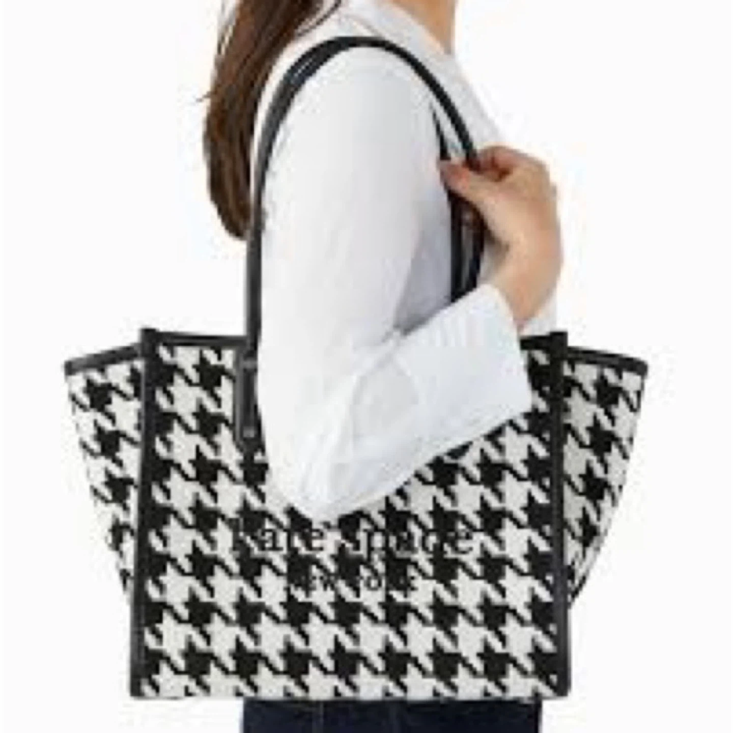 RARE Kate Spade Large Ella Houndstooth Jacquard Tweed Tote Bag - photo 2