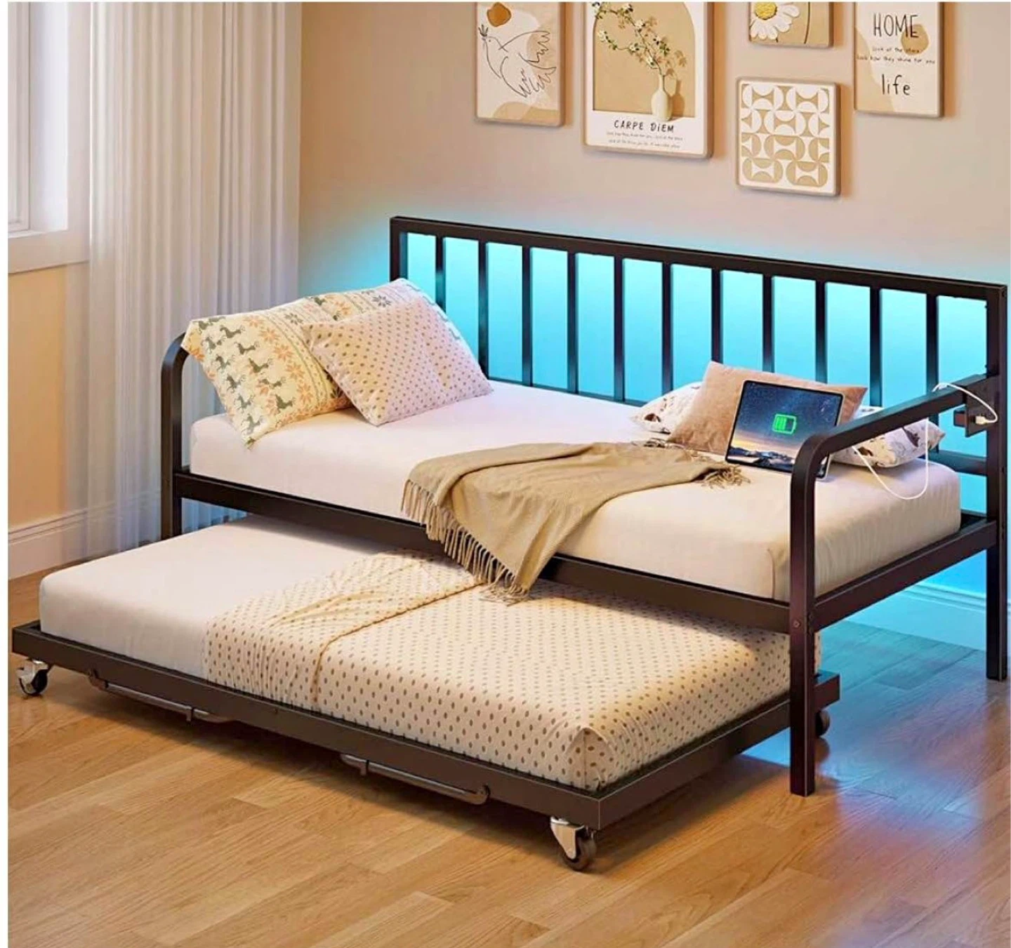 Metal Daybed Frame with Trundle & USB Ports