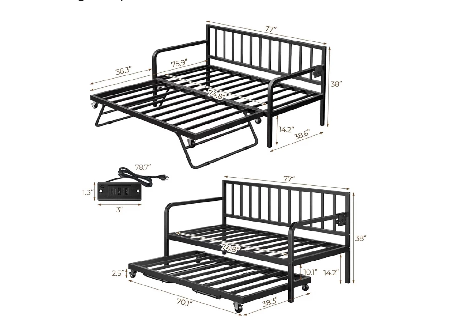 Metal Daybed Frame with Trundle & USB Ports - photo 2