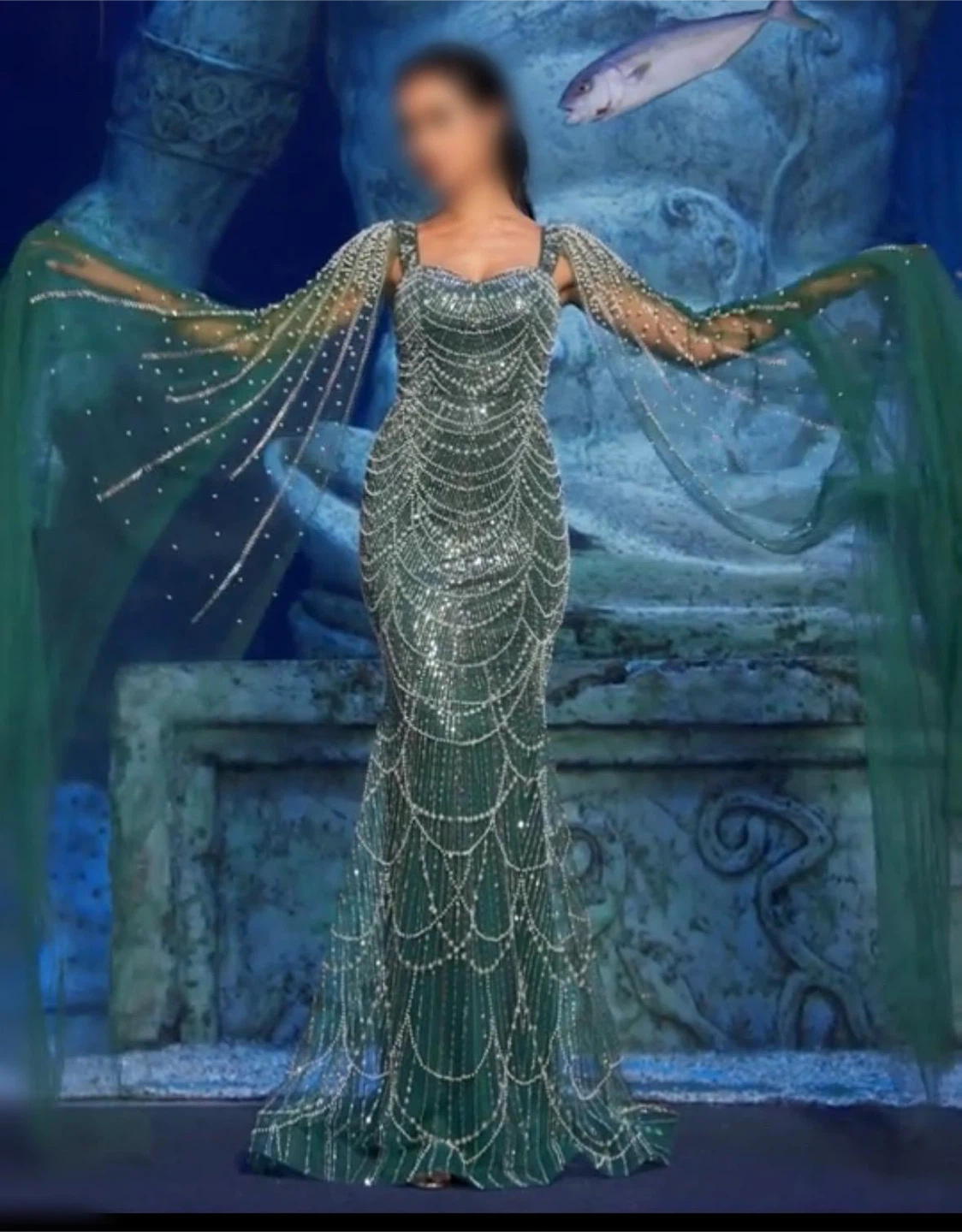 Emerald Green Beaded Evening Gown - (Worn Once)