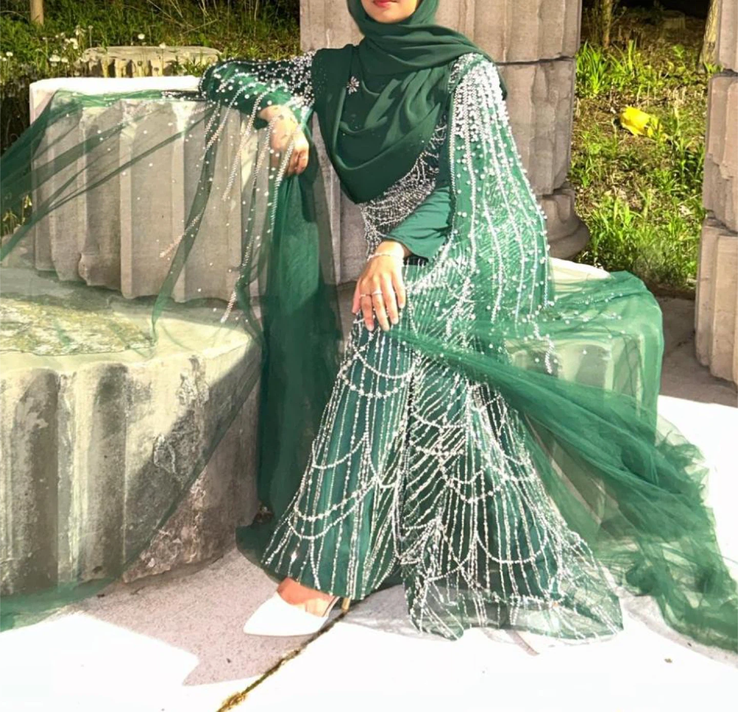 Emerald Green Beaded Evening Gown - (Worn Once) - photo 3