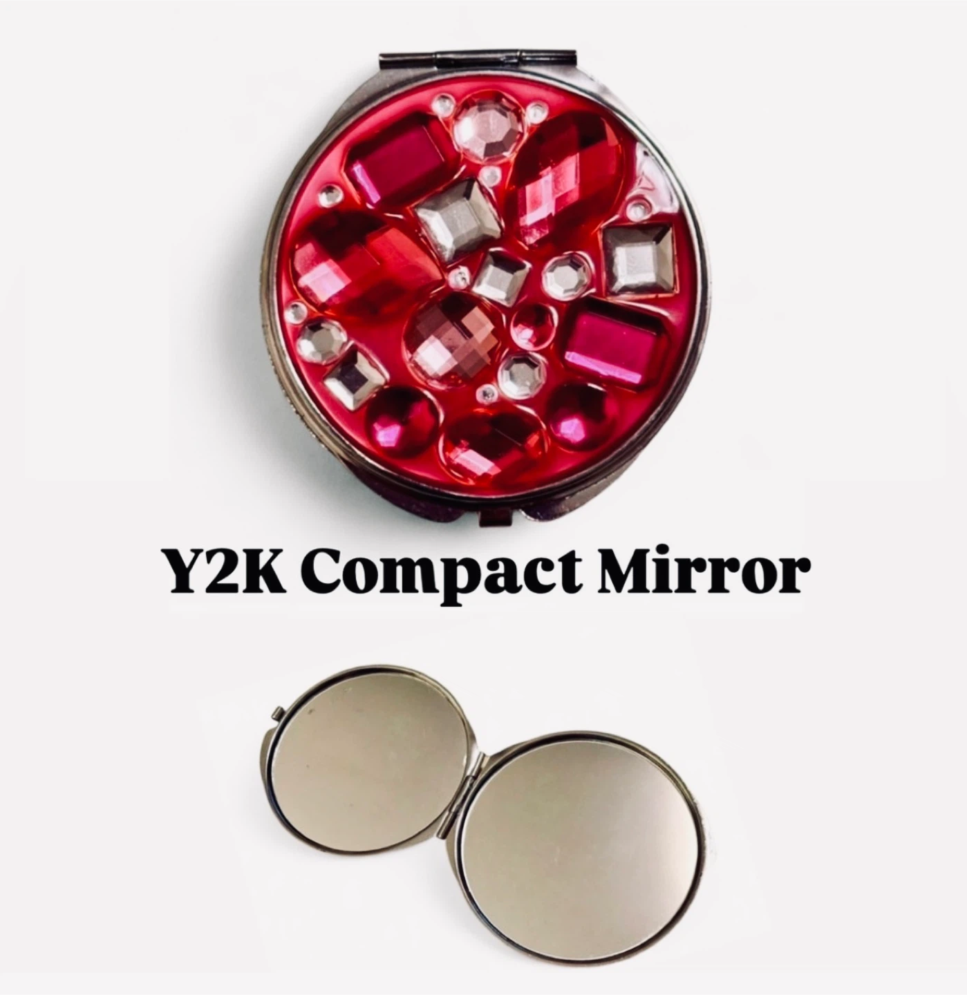 Y2K Vintage Pink Jewel Covered Compact Travel Mirror
