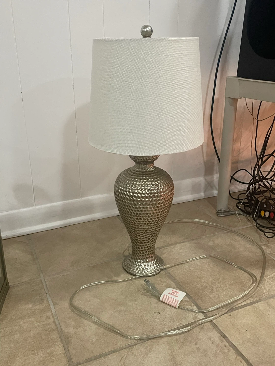 Silver Hammered Table Lamp w/ White Shade