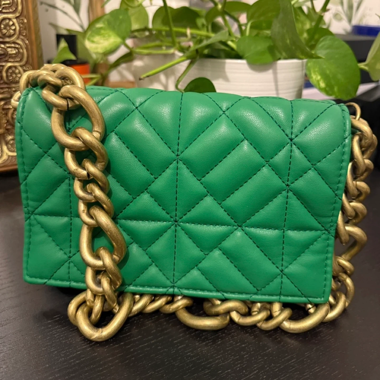 Zara Green Quilted Chain Shoulder Bag