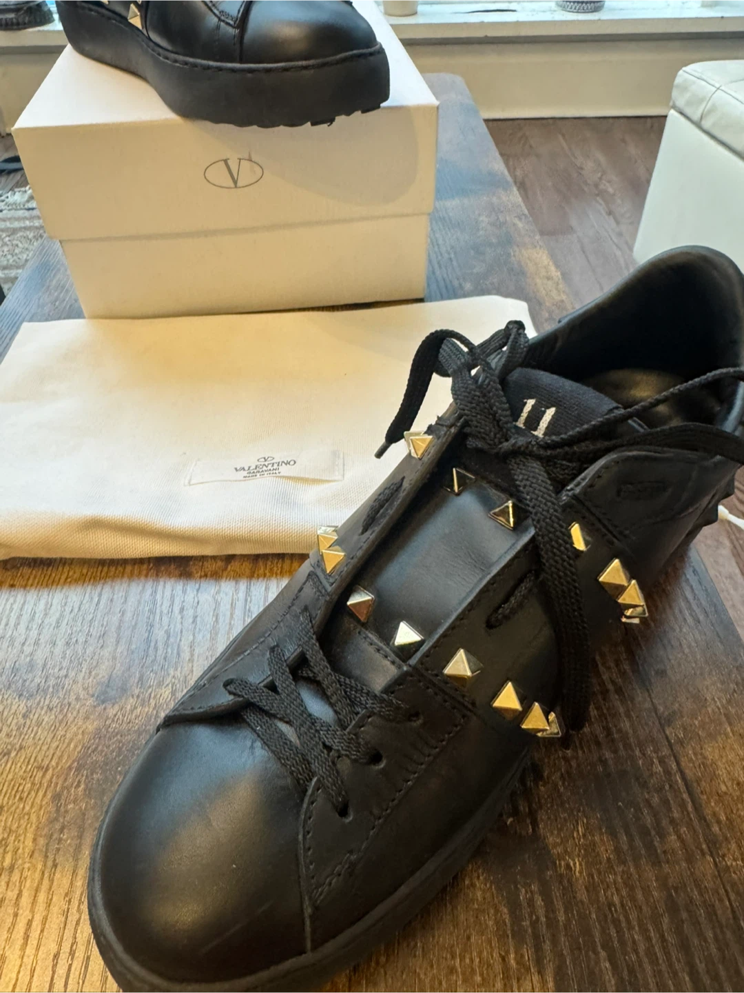 Valentino Garavani Untitled Black Leather Sneakers, Size 39