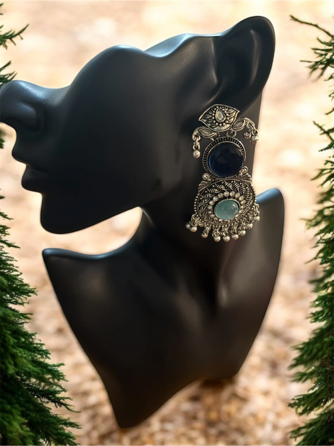 Silver Tone Drop Earrings with Blue & Aqua Stones
