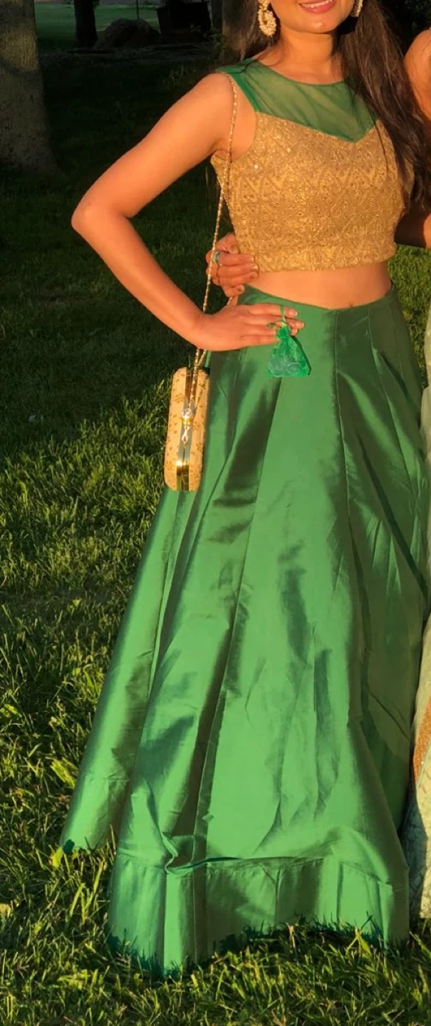 Green Lehenga Skirt & Gold Top