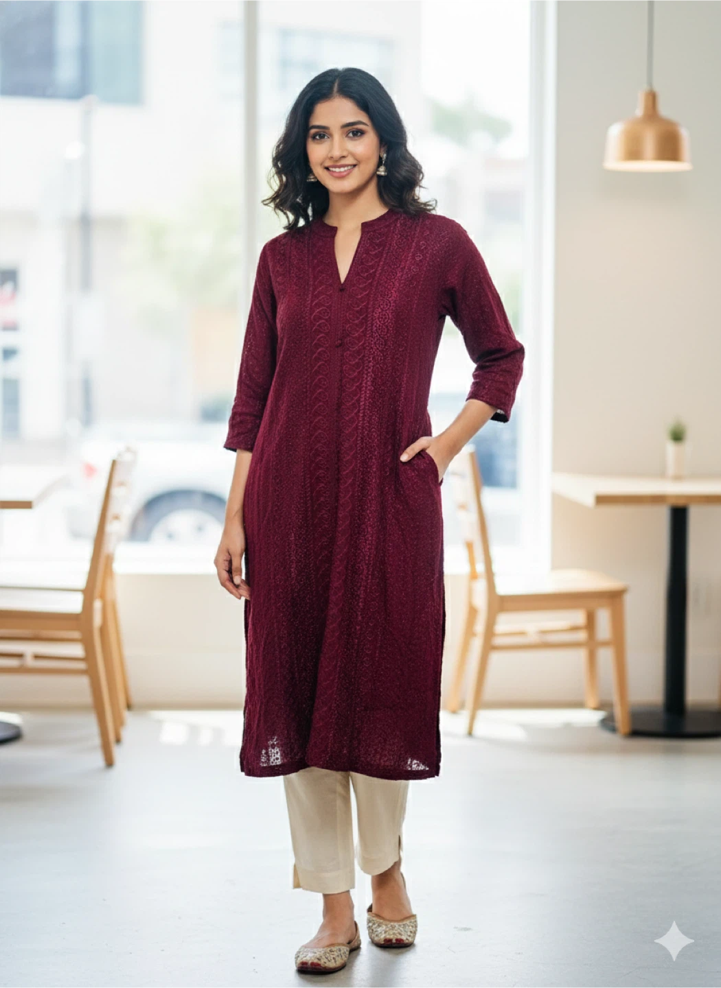 Burgundy Embroidered Kurti Dress