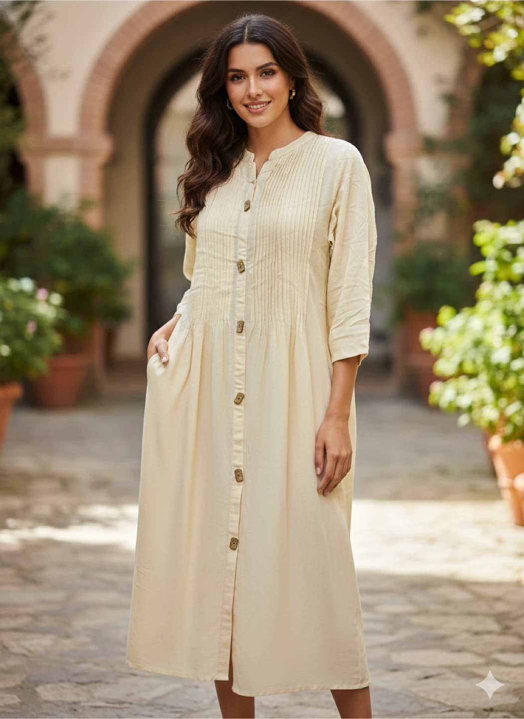 Beige Button-Down Midi Dress